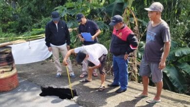 Petugas dari Dinas PU mengecek jalan jebol di Desa Tista, Kerambitan, Tabanan