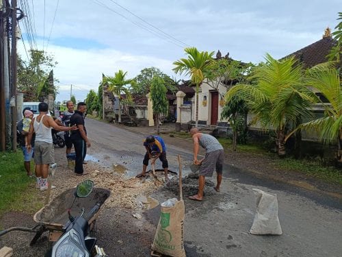 Warga Banjar Kebon Nyitdah, tabanan secara swadaya memperbaiki jalan berlubang dengan pembetonan