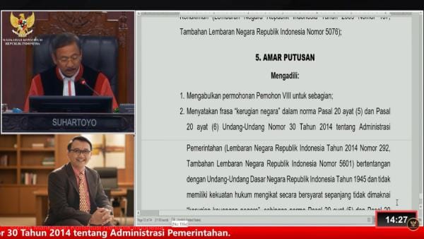 Tangkapan Layar saat Sidang MK Pengucapan Putusan-Ketetapan yang dipimpin Hakim Konstitusi Suhartoyo, dan digelar secara daring